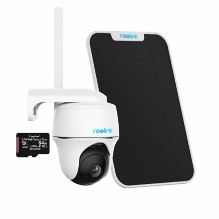 Conexiune 4G - Pachet camera de supraveghere cu Panou Solar si Card MicroSD 64 GB, Reolink Go PT Ultra, rezolutie 4 K