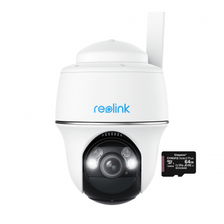 Conexiune 4G - Surveillance camera package with 64GB MicroSD Card, Reolink Go PT Ultra with 4G-LTE and rechargeable battery, 4K resolution.