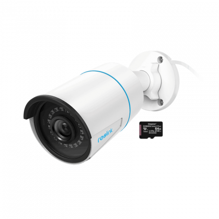Conexiune PoE - Pachet camera de supraveghere cu Card MicroSD 64 GB, Reolink RLC 510A, rezolutie de 5MP