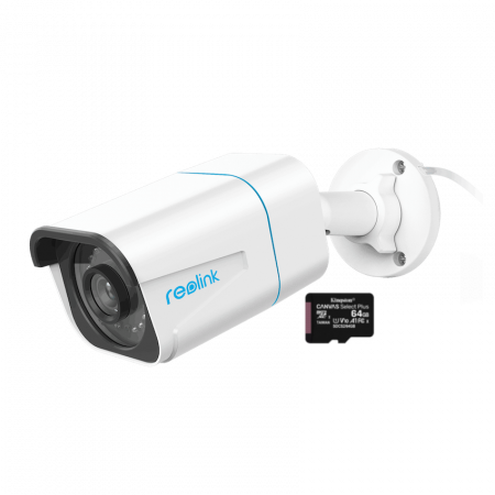 Conexiune PoE - Pachet camera de supraveghere cu Card MicroSD 64 GB, Reolink RLC 810A, rezolutie de 8MP (4K)