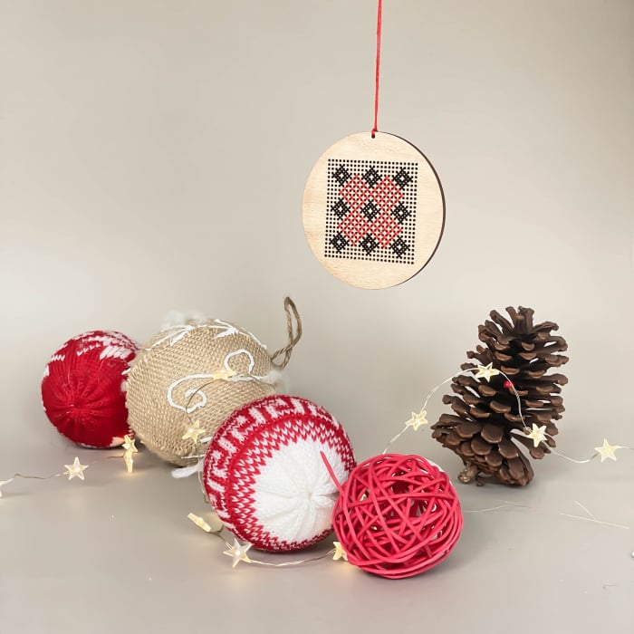 Hand stitched Wooden Christmas tree ornament - Large Globe pattern 2 [1]