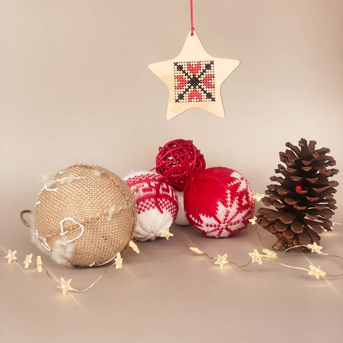Hand stitched Wooden Christmas tree ornament - Star pattern 2 [1]