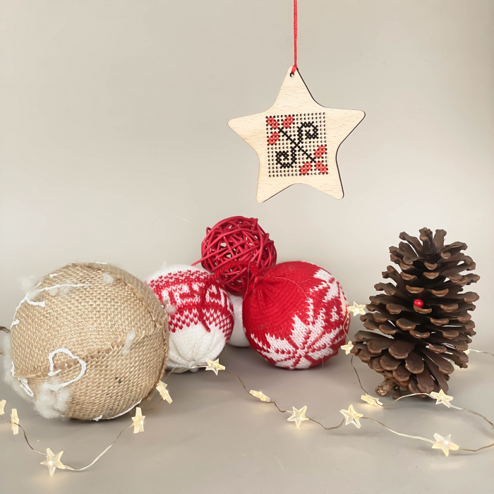 Hand stitched Wooden Christmas tree ornament - Star pattern 3 [1]