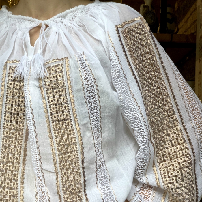 Romanian Blouse long sleeve motif Chamomile white & beige [3]