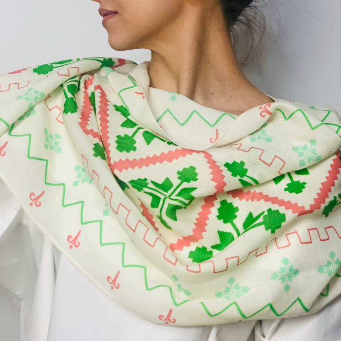 Wool - Silk scarf, Minunat by Irina, Green embroydery, 180 x 40 cm [1]