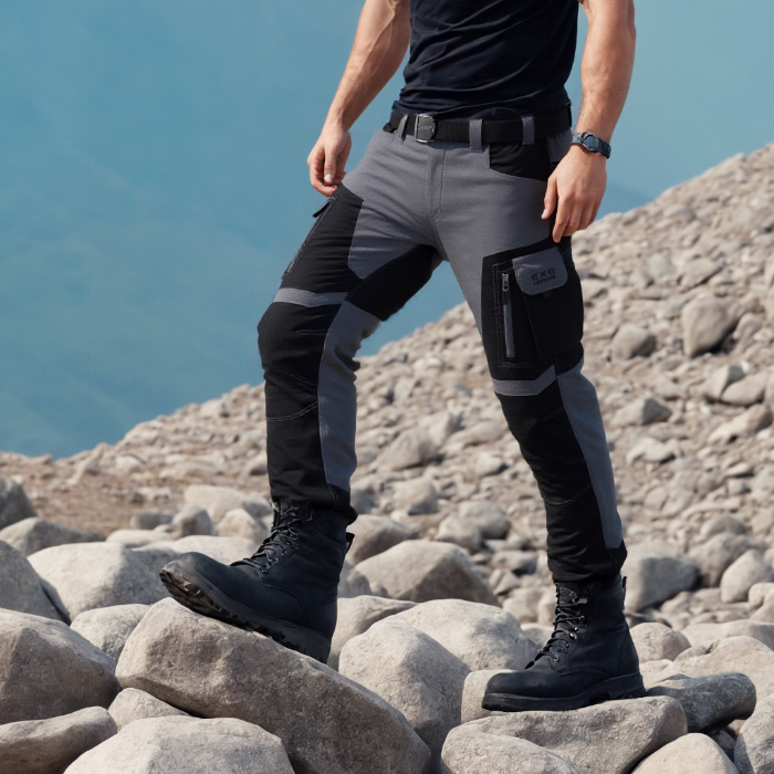 Pantaloni talie din material Ripstop gri cu negru