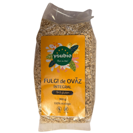 Fulgi de cereale - Fulgi de ovaz integrali, fara gluten, organic, 300gr, youbio