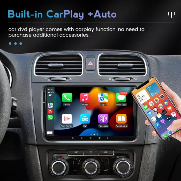 Navigatie Android 14 cu 4GB RAM si 64GB pt VW Golf 5 6 Passat B6 B7 CC Tiguan Touran Polo Caddy Jetta T5 Eos Skoda Octavia Superb Seat Leon, Ecran 9 inch IPS, Carplay , Slot sim 4G, Proceso [7]