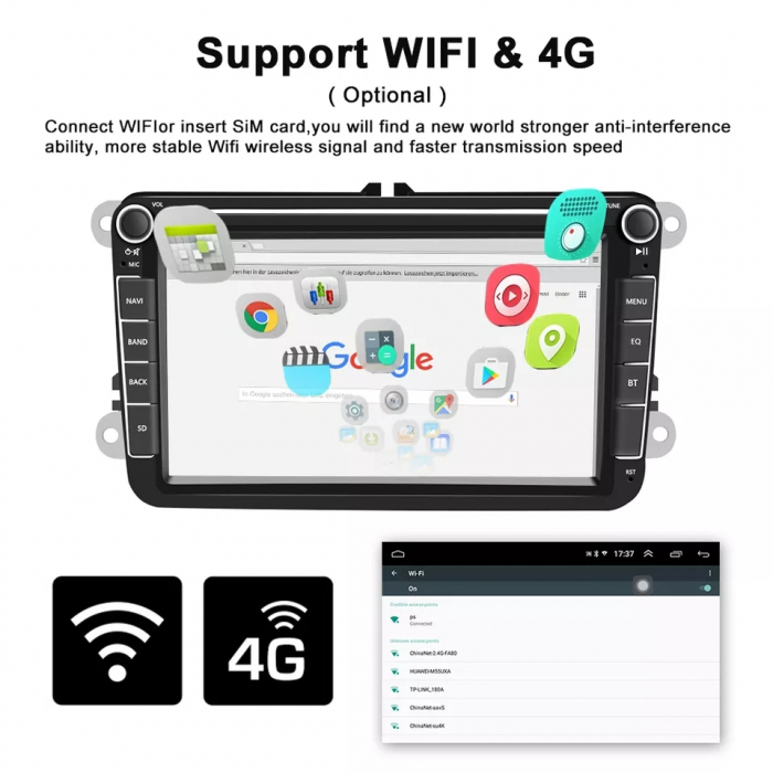 Navigatie 8GB RAM si 128GB cu Carplay pt VW Golf 5 6 Passat B6 B7 CC Tiguan Touran Polo Caddy Jetta T5 Eos Skoda Octavia Superb Seat Leon, Ecran 8 inch IPS, Slot sim 4G, Procesor [7]