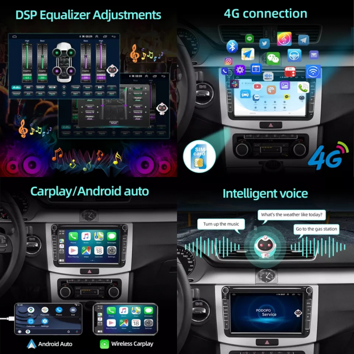 Navigatie 8GB RAM si 128GB cu Carplay pt VW Golf 5 6 Passat B6 B7 CC Tiguan Touran Polo Caddy Jetta T5 Eos Skoda Octavia Superb Seat Leon, Ecran 8 inch IPS, Slot sim 4G, Procesor [8]