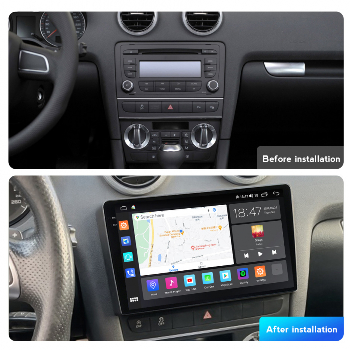 Navigatie Audi A3 din 2002-2013, Rezolutie 2K, Display QLED 9.5 inch, 4GB RAM si 64GB ROM, Android, Procesor Octacore, Slot sim 4G, Sunet DSP, Wireless Carplay si Android Auto, Camera Marsarier, USB, [5]