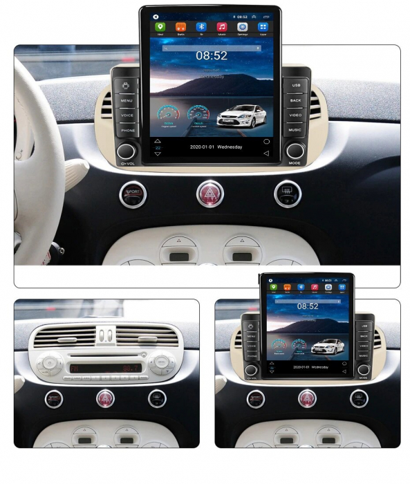 Navigatie Fiat 500 din 2007-2015, Display TESLA 9.5 inch, 2GB RAM si 32GB ROM, Wireless Carplay si Android Auto, Procesor Octacore, Slot sim 4G, Sunet DSP, Camera Marsarier, Bluetooth, USB, Wi Fi, Rad [2]