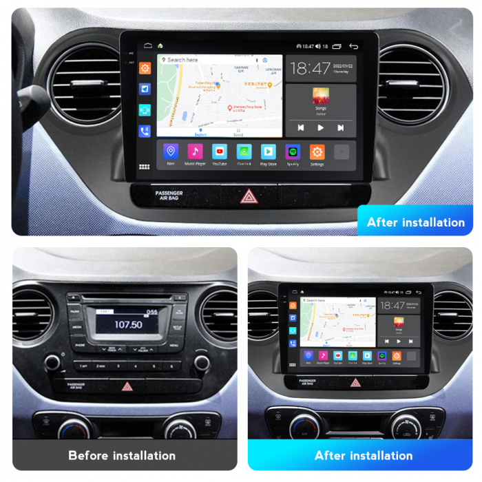 Navigatie Hyundai i10 din 2013-2017, Rezolutie 2K, Display QLED 9.5 inch, 4GB RAM si 64GB ROM, Android, Procesor Octacore, Slot sim 4G, Sunet DSP, Wireless Carplay si Android Auto, Camera Marsarier, U [3]
