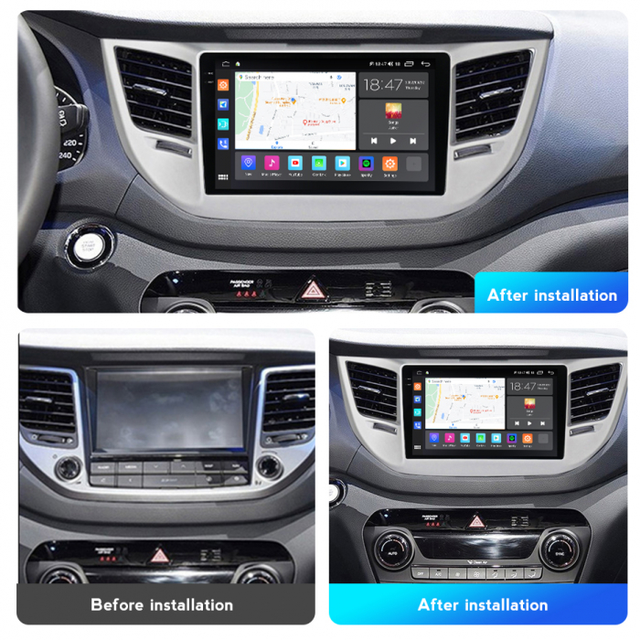 Navigatie Hyundai Tucson din 2014-2018, Rezolutie 2K, Display QLED 9.5 inch, 4GB RAM si 64GB ROM, Android, Procesor Octacore, Slot sim 4G, Sunet DSP, Wireless Carplay si Android Auto, Camera Marsarier [2]