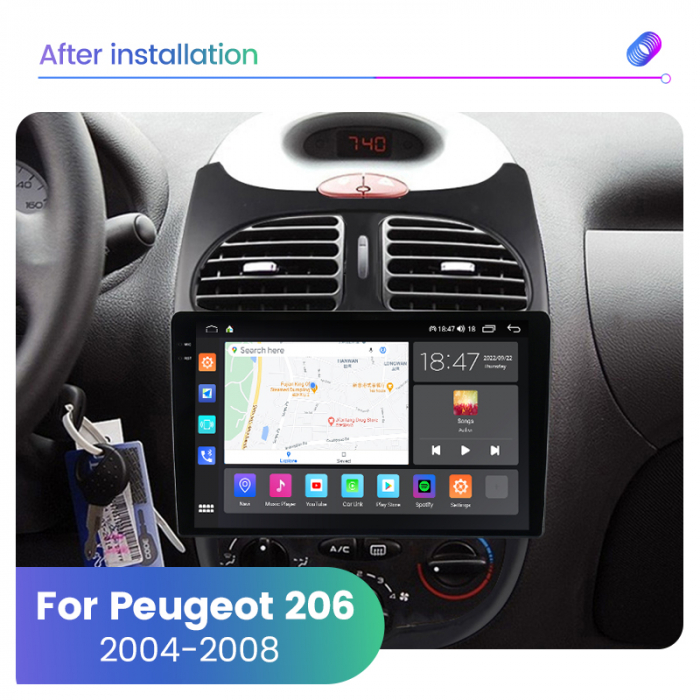 Navigatie Peugeot 206 din 1998-2012, Rezolutie 2K, Display QLED 9.5 inch, 4GB RAM si 64GB ROM, Android, Procesor Octacore, Slot sim 4G, Sunet DSP, Wireless Carplay si Android Auto, Camera Marsarier, U [2]