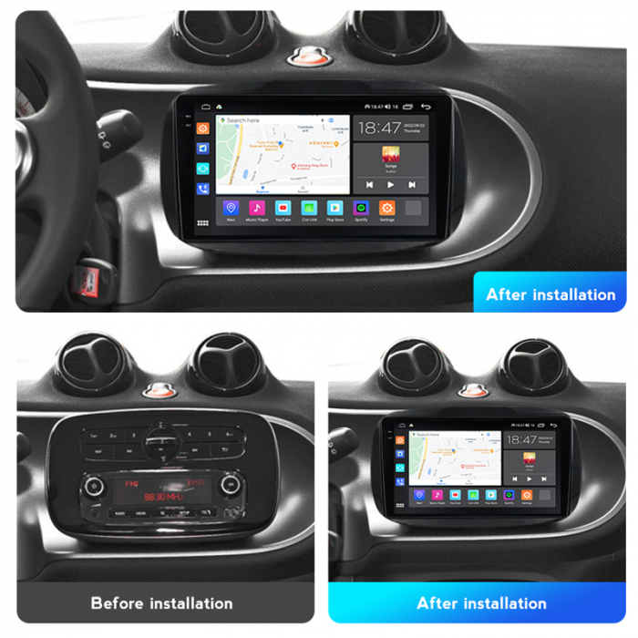 Navigatie Smart Fortwo din 2015-2020, Android 14, Wireless Carplay si Android Auto, 2GB RAM si 32GB ROM, Display IPS 9 inch, Camera Marsarier, Internet, Aplicatii, Wi Fi, Usb, Bluetooth [3]