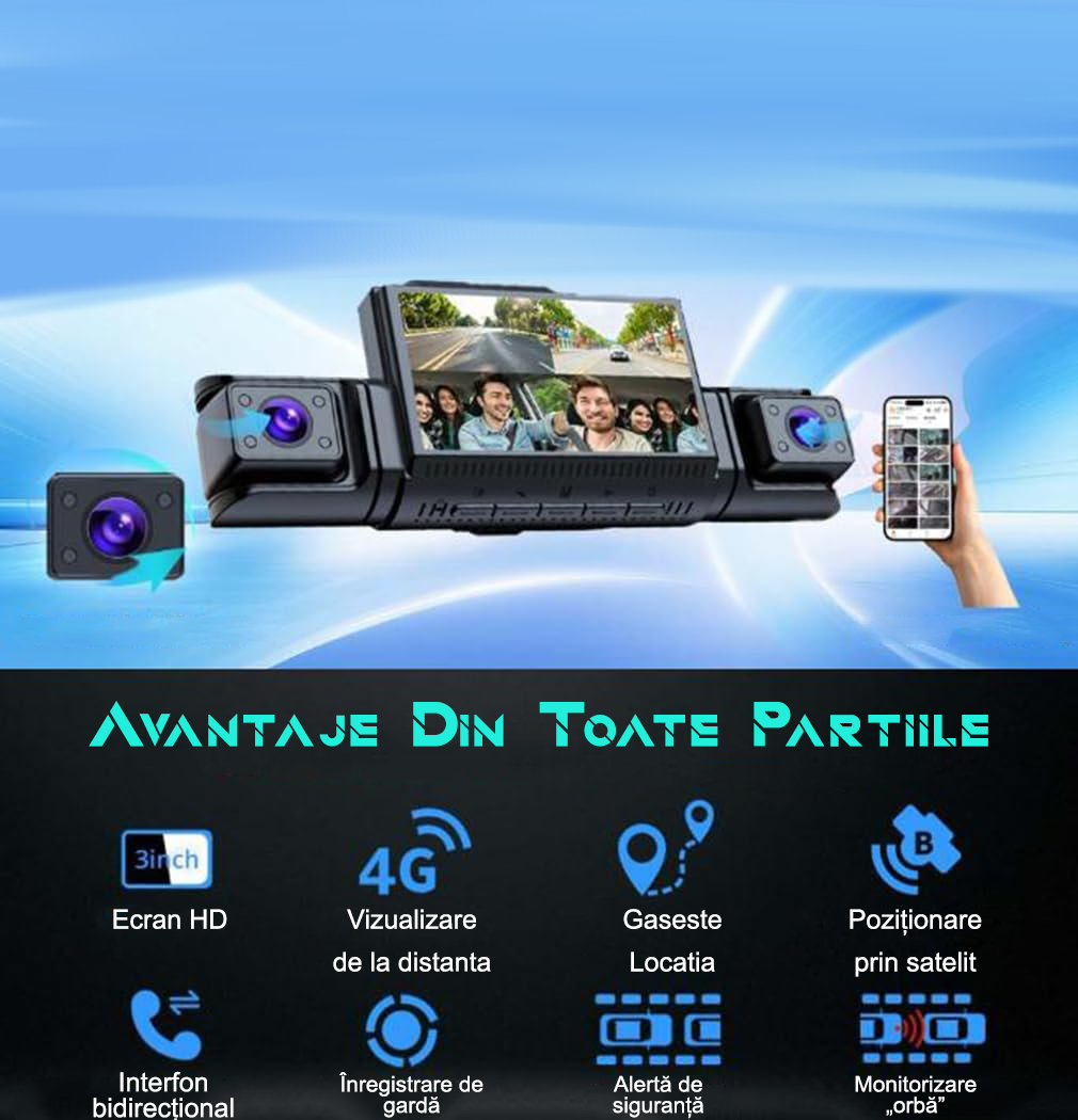 Cameră auto 4G LTE 2K cu 4 canale, DVR panoramic 360°, camere frontale și spate, monitorizare de la distanță prin 4G, ADAS și BSD, control prin aplicație Wi-Fi, GPS cu urmărirea traseului și NightVisi [3]