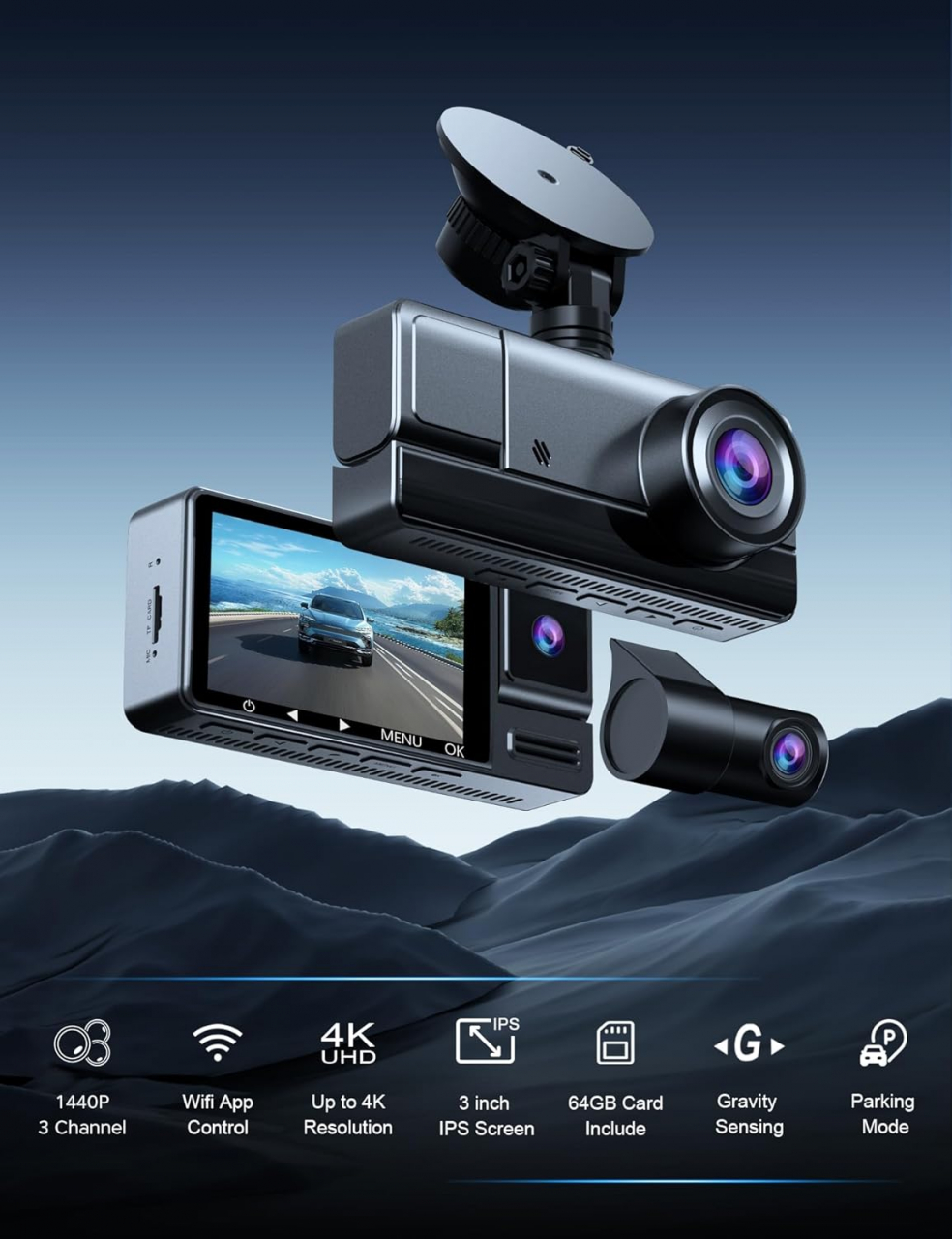 Camera auto DVR, 3 canale, rezolutie 4K, 64GB card de stocare, mod parcare de 24 de ore [3]
