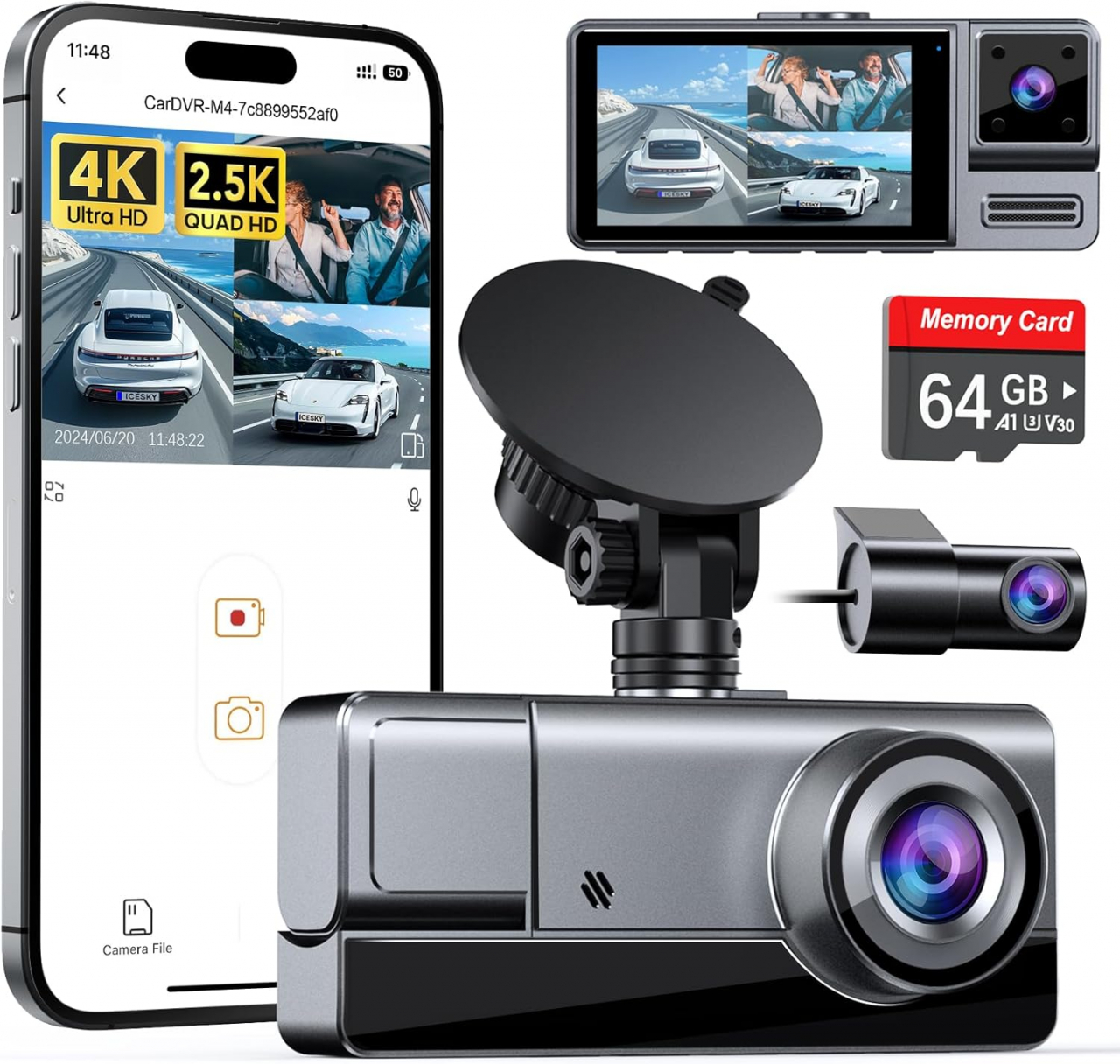 Camera auto DVR, 3 canale, rezolutie 4K, 64GB card de stocare, mod parcare de 24 de ore [2]