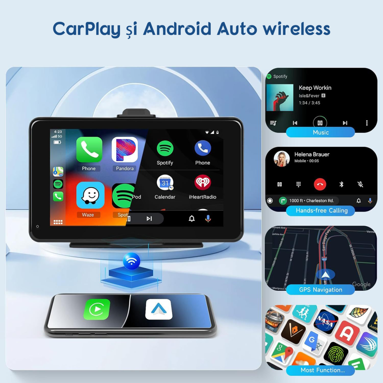 Ecran de bord cu CarPlay si AndroidAuto, AUX, Bluetooth, Egalizator, 7", Wireless [4]