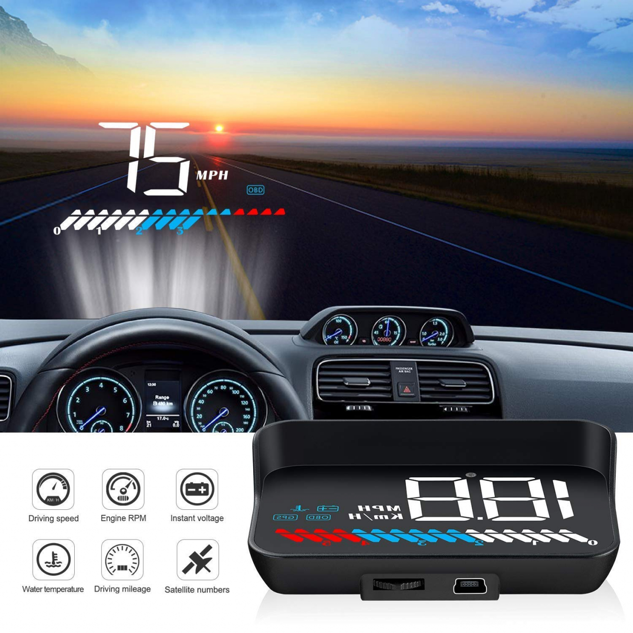 HUD Auto, universal, 3,5 inchi, Vitezometru OBD2 Interfata GPS, Viteza, RPM motor, Avertizare de supraviteza, Masurare kilometraj, Modul GPS pentru toate vehiculele [2]