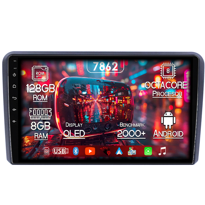 Navigatie dedicata Audi A3 2003 - 2013, 8GB RAM 128GB ROM, Octacore, Platforma 7862,Android 13, Display QLED 9”, Suporta camera 360º, DSP, Carplay&Android Auto, SIM 4G, Ventilator Activ [1]