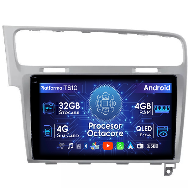 Navigatie dedicata dedicata Volkswagen Golf 7 2013-2017, Light Gray, 4GB RAM 32GB ROM, Android 14, Display QLED, 10", DSP, Carplay, Android Auto, Internet, Youtube, Waze, WI-FI, USB, Bluetooth [1]