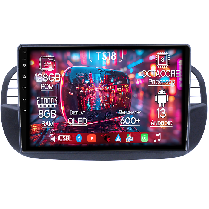 Navigatie dedicata Fiat 500, 8GB RAM 128GB ROM, Octacore, Platforma TS18, Android 13, Display QLED 9”, Suporta camera 360º, DSP, Carplay&Android Auto, SIM 4G, Ventilator Activ [1]