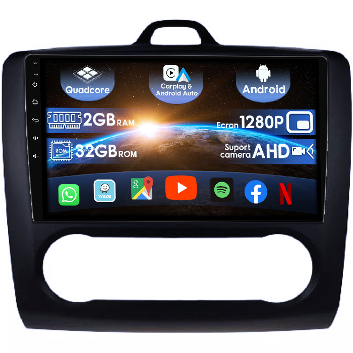 (Resigilata) Navigatie dedicata Focus 2004-2011 Clima Automata, Neagra, 2GB RAM 32GB ROM, Quad Core, Display 9" IPS Full HD, Carplay&Android Auto, Android 14, Suport camere AHD [1]