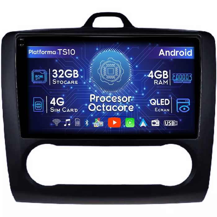 Navigatie dedicata Focus 2004-2011 Clima Automata, Neagra, 4GB RAM 32GB ROM, Octacore, Android 14, Display QLED 1K 9", DSP, Carplay&Android Auto, SIM 4G, Bluetooth, Ventilator Activ [1]
