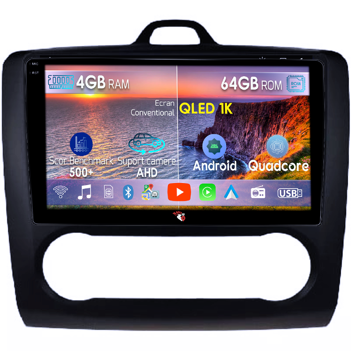 Navigatie dedicata Focus 2004-2011 Clima Automata, Neagra, 4GB RAM 64GB ROM, Octacore, Android 14, Display QLED 1K 9", Carplay&Android Auto, SIM 4G, Ventilator Activ [1]