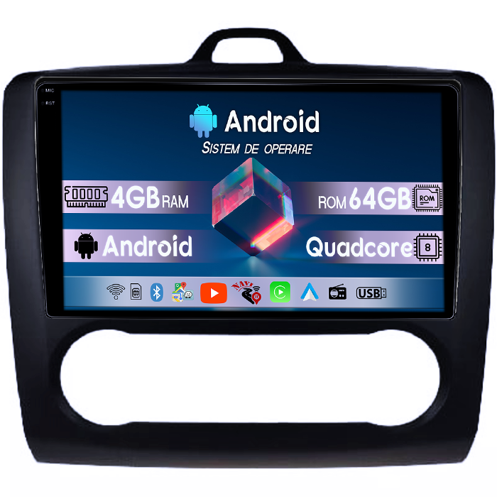 Navigatie dedicata Focus 2004-2011 Clima Automata, Neagra, 4GB RAM 64GB ROM, Quadcore, Android 14, Display QLED 1K 9", DSP, Carplay&Android Auto, Suport camere AHD [1]