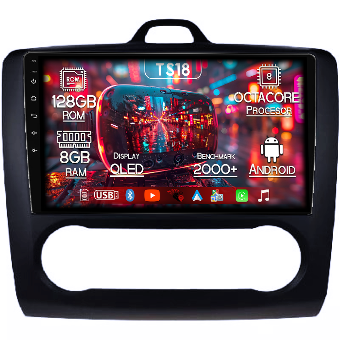 Navigatie dedicata Focus 2004-2011 Clima Automata, Neagra, 8GB RAM 128GB ROM, Octacore, Platforma TS18, Android 14, Display QLED 9”, Suporta camera 360º, DSP, Carplay&Android Auto, SIM 4G, Ventilator [1]