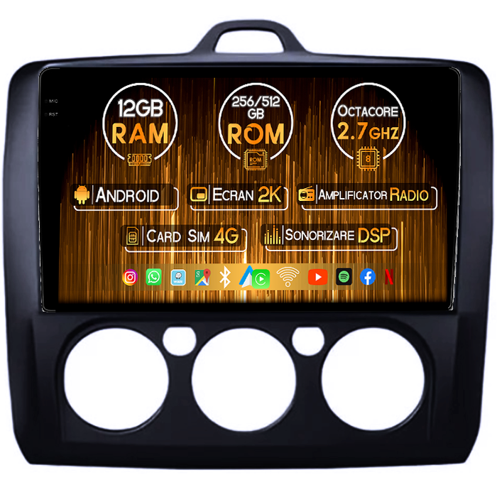 Navigatie dedicata Focus 2004-2011 Clima Manuala, Neagra, 12GB RAM 256GB ROM, Android 13, Rezolutie 2K, Display QLED 9", DSP, Carplay&Android Auto, SIM 4G, Ventilator Activ, Suport Camere 360 [1]