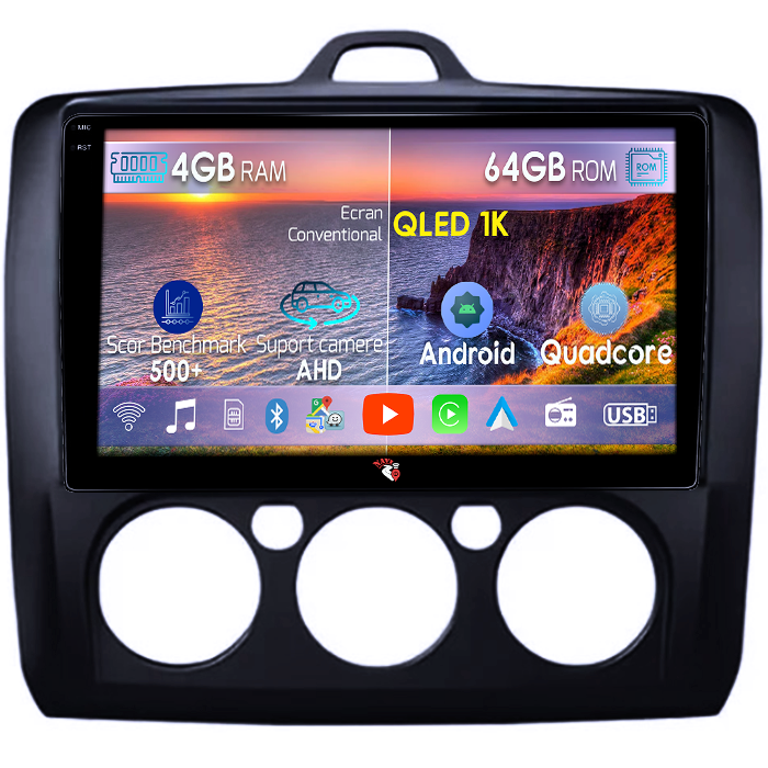 Navigatie dedicata Focus 2004-2011 Clima Manuala, Neagra, 4GB RAM 64GB ROM, Octacore, Android 14, Display QLED 1K 9", Carplay&Android Auto, SIM 4G, Ventilator Activ [1]