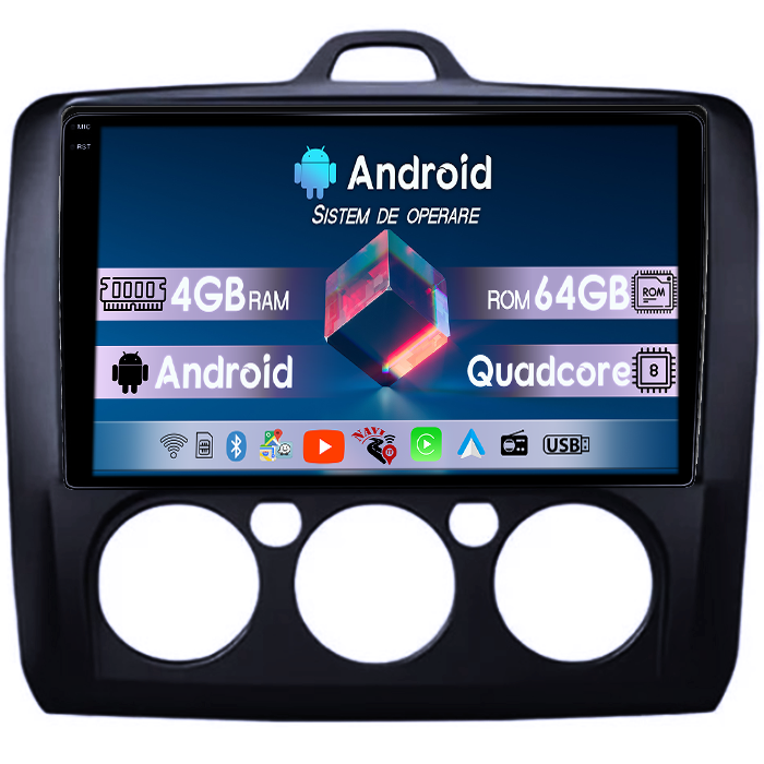 Navigatie dedicata Focus 2004-2011 Clima Manuala, Neagra, 4GB RAM 64GB ROM, Quadcore, Android 14, Display QLED 1K 9", DSP, Carplay&Android Auto, Suport camere AHD [1]