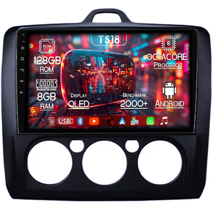 Navigatie dedicata Focus 2004-2011 Clima Manuala, Neagra, 8GB RAM 128GB ROM, Octacore, Platforma TS18, Android 14, Display QLED 9”, Suporta camera 360º, DSP, Carplay&Android Auto, SIM 4G, Ventilator [1]