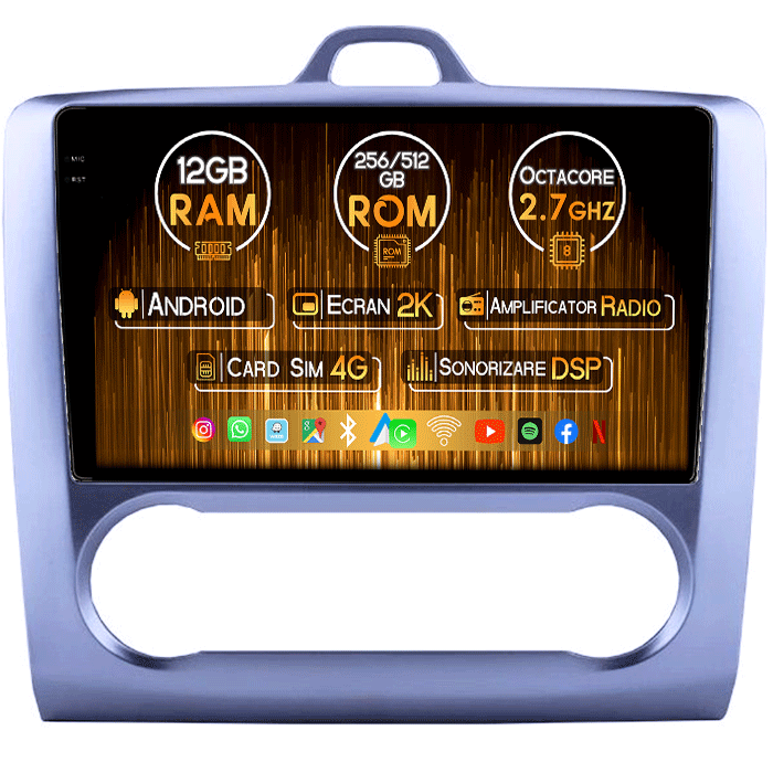 Navigatie dedicata Ford Focus ( 2004 - 2011 ), 12GB RAM 256GB ROM, Android 13, Rezolutie 2K, Display QLED, 9", DSP, Carplay, Android Auto, Internet, Youtube, Waze, Wi Fi, USB [1]