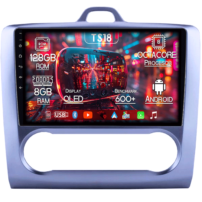 Navigatie dedicata Ford Focus ( 2004 - 2011 ), 8GB RAM 128GB ROM, Octacore, Platforma TS18, Android 13, Display QLED 9”, Suporta camera 360º, DSP, Carplay&Android Auto, SIM 4G, Ventilator Activ [1]