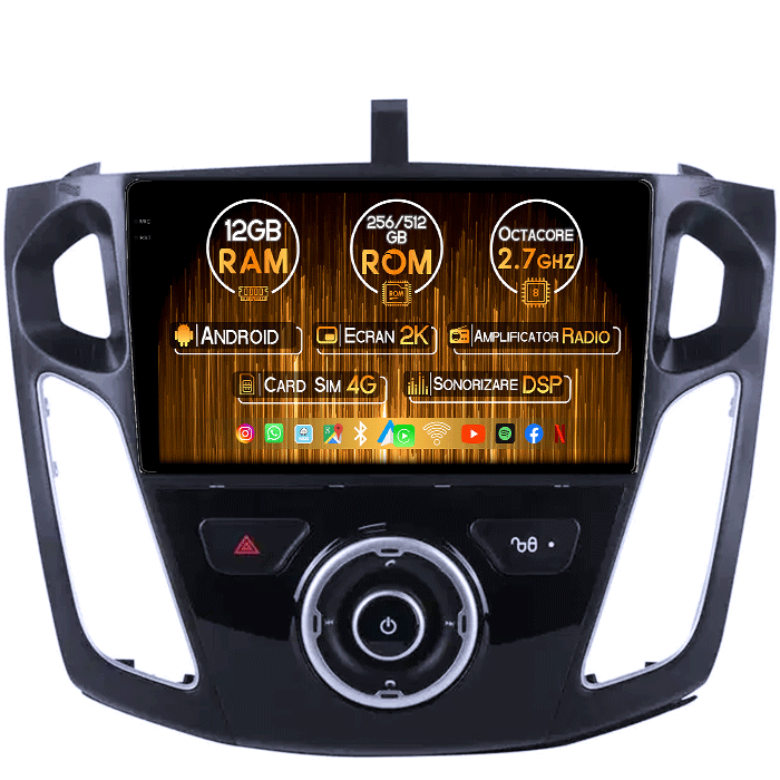 Navigatie dedicata Ford Focus 2012-2018, 12GB RAM 256GB ROM, Android 13, Rezolutie 2K, Display QLED, 9", DSP, Carplay, Android Auto, Internet, Youtube, Waze, Wi Fi, USB [1]