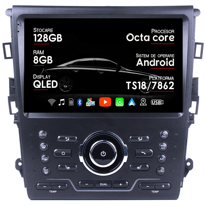 Navigatie dedicata Ford Mondeo 2014-2019, 8GB RAM 128GB ROM, Octacore, Platforma TS18, Android 13, Display QLED 9”, Suporta camera 360º, DSP, Carplay&Android Auto, SIM 4G, Ventilator Activ [1]