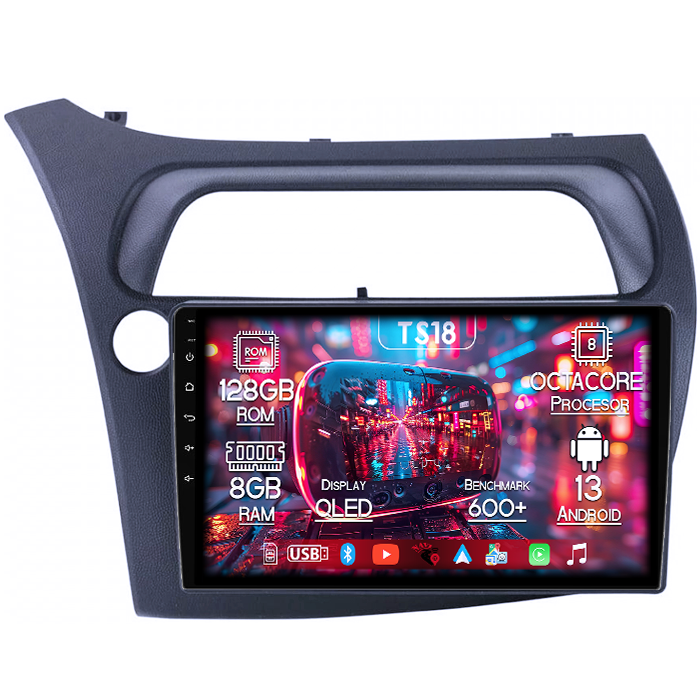 Navigatie dedicata Honda Civic 2005-2011, 8GB RAM 128GB ROM, Octacore, Platforma TS18, Android 13, Display QLED 9”, Suporta camera 360º, DSP, Carplay&Android Auto, SIM 4G, Ventilator Activ [1]