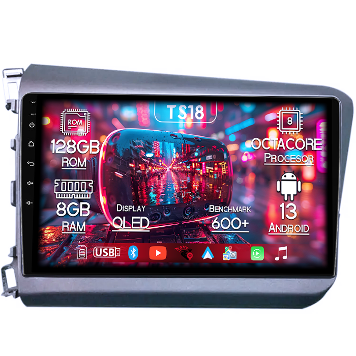 Navigatie dedicata Honda Civic ( 2011 - 2015 ), 8GB RAM 128GB ROM, Octacore, Platforma TS18, Android 13, Display QLED 9”, Suporta camera 360º, DSP, Carplay&Android Auto, SIM 4G, Ventilator Activ [1]