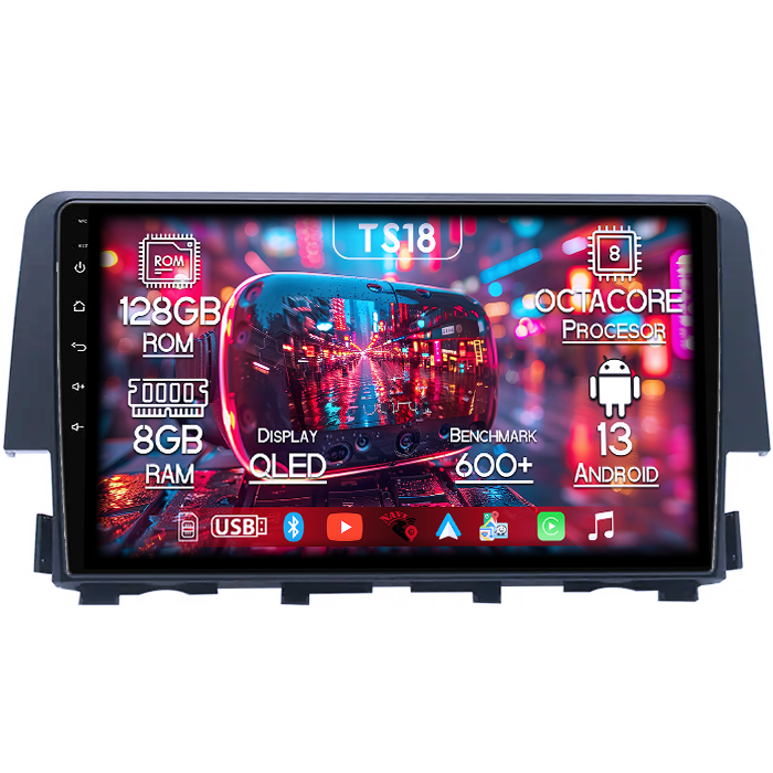 Navigatie dedicata Honda Civic ( 2016 - 2020 ), 8GB RAM 128GB ROM, Octacore, Platforma TS18, Android 13, Display QLED 9”, Suporta camera 360º, DSP, Carplay&Android Auto, SIM 4G, Ventilator Activ [1]