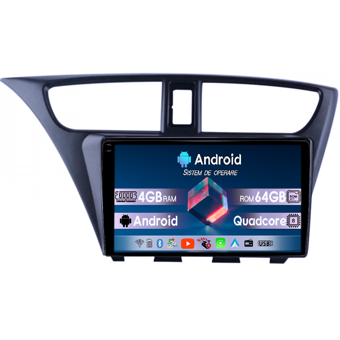 Navigatie dedicata Honda Civic IX Hatchback 2011-2015, 4GB RAM 64GB ROM, Quadcore, Android 14, Display QLED 1K 9", DSP, Carplay&Android Auto, Suport camere AHD [1]