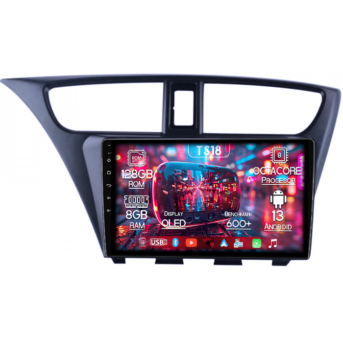 Navigatie dedicata Honda Civic IX Hatchback 2011 - 2015, 8GB RAM 128GB ROM, Octacore, Platforma TS18, Android 13, Display QLED 9”, Suporta camera 360º, DSP, Carplay&Android Auto, SIM 4G, Ventilator Ac [1]
