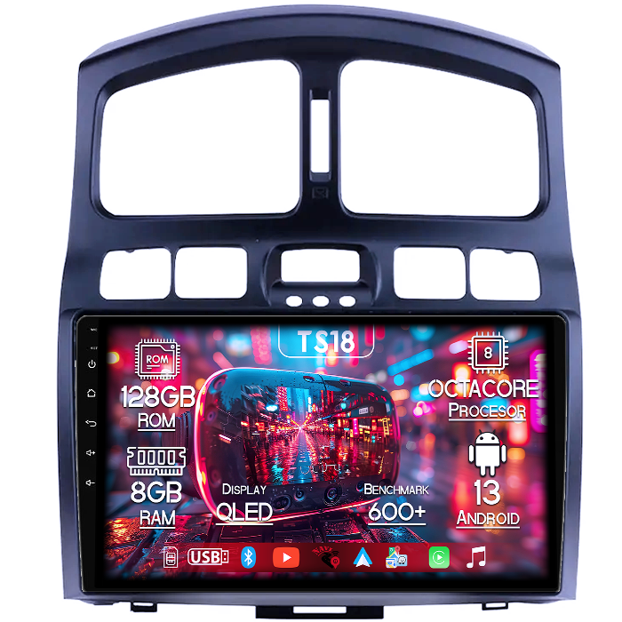 Navigatie dedicata Hyundai Santa Fe 2000-2012, 8GB RAM 128GB ROM, Octacore, Platforma TS18, Android 13, Display QLED 9”, Suporta camera 360º, DSP, Carplay&Android Auto, SIM 4G, Ventilator Activ [1]