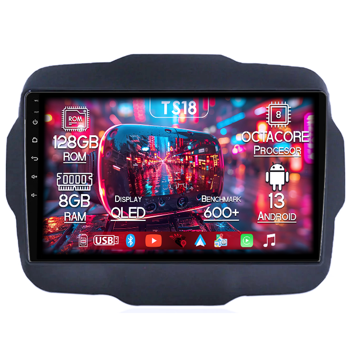 Navigatie dedicata Jeep Renegade 2016-2018, 8GB RAM 128GB ROM, Octacore, Platforma TS18, Android 13, Display QLED 9”, Suporta camera 360º, DSP, Carplay&Android Auto, SIM 4G, Ventilator Activ [1]