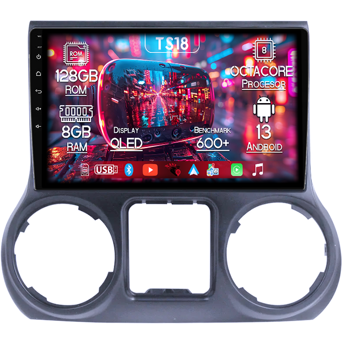 Navigatie dedicata JEEP Wrangler 2011- 2016, 8GB RAM 128GB ROM, Octacore, Platforma TS18, Android 13, Display QLED 10”, Suporta camera 360º, DSP, Carplay&Android Auto, SIM 4G, Ventilator Activ [1]