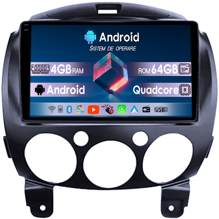 Navigatie dedicata Mazda 2 2007-2014, 4GB RAM 64GB ROM, Quad Core, Display 9" QLED 1K, Carplay, Android 14, Bluetooth, Magazin Play, Suport Camere AHD [1]
